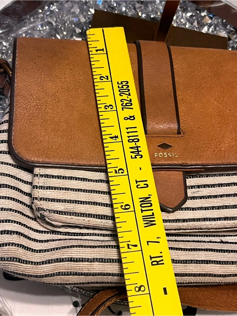 Fossil Tan & Cream Leather  with Striped Canvas Pocket crossbody bag